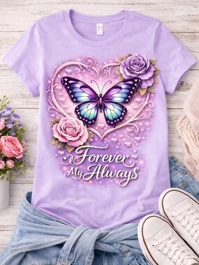 Butterfly Heart Graphic Tee - Lavender "Forever My Always"